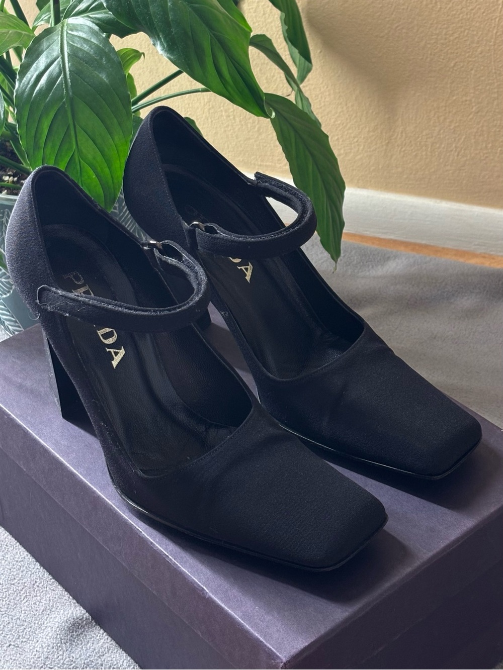 Authentic PRADA Black Satin Mary Jane Block Heel Pumps Size 35.5